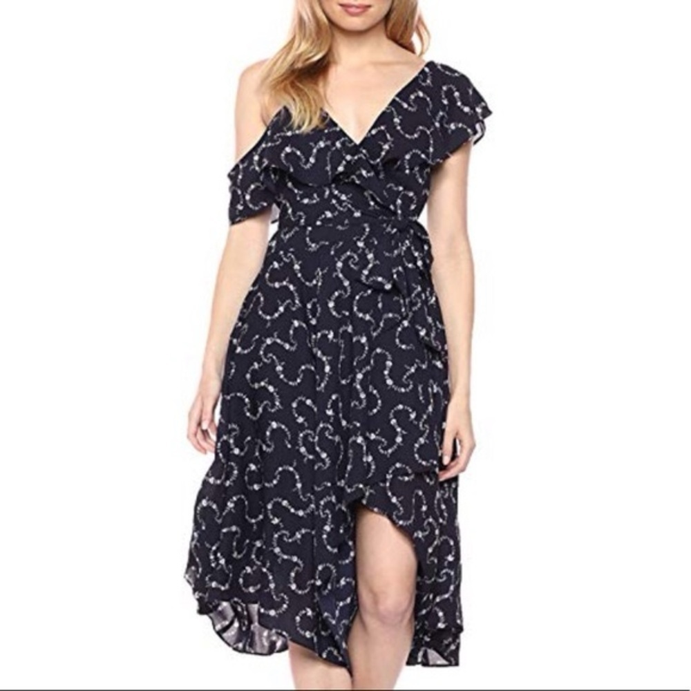 Likely Leilani Floral Wrap Dress Blue One Shoulder Ruffle Midi Size 0